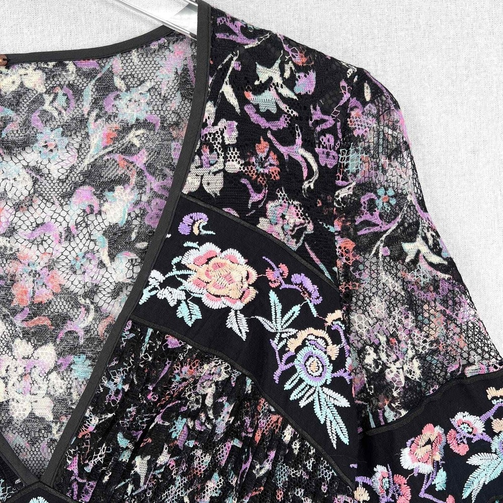 Free People Mini Dress Womens 2 Black Floral Lace Embroidered V-Neck Long Sleeve - Picture 8 of 16